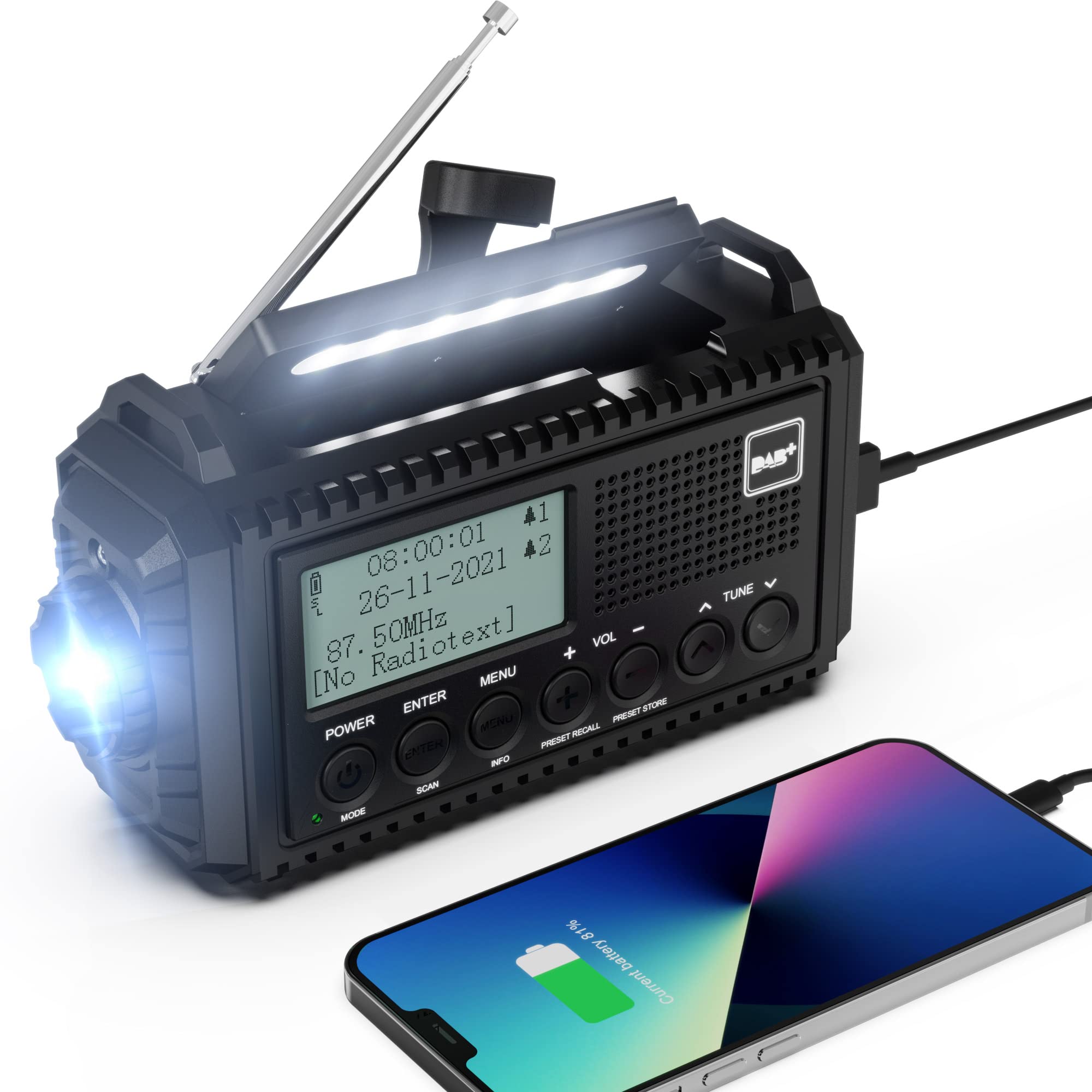Portable DAB/FM Radio with 5000mAh Rechargeable Battery, Hand Crank