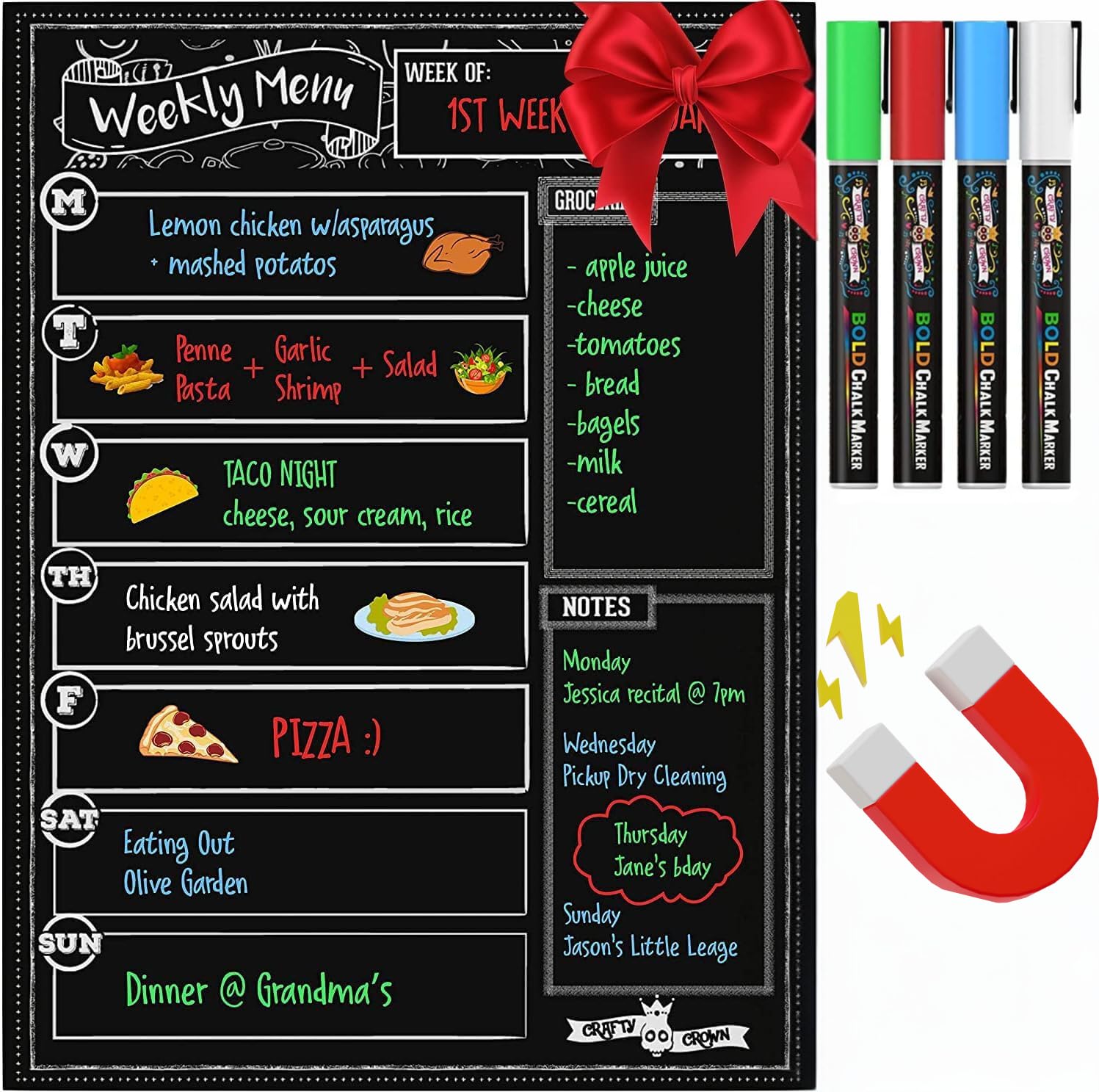felthouse Melamine Magnetic Weekly Planner & Meal Planner for Fridge - Board With Pen, Calendar, Diet Chart & Notepad With Marker - Fridge Organizer