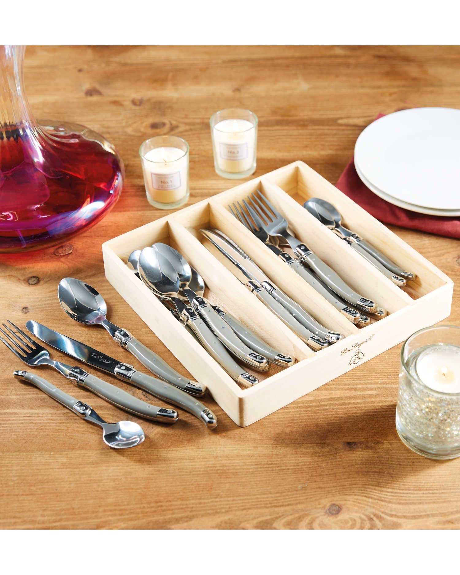 Lou Laguiole Traditional Cutlery Set 24 Pack in Wooden Box (Grey