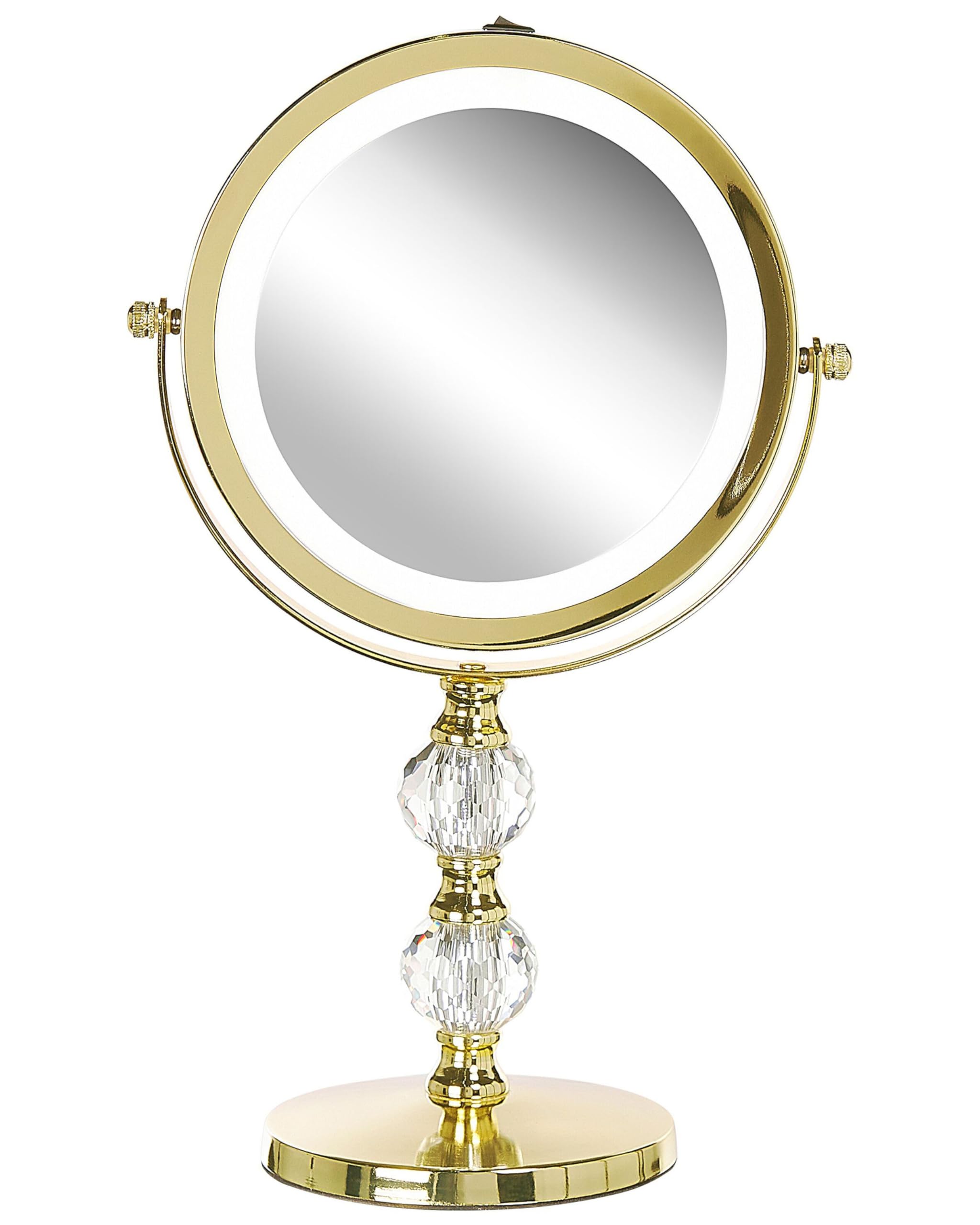 Beliani LED Makeup Mirror 1x/5x Magnification Double Sided Iron Frame ø 13 cm Gold Claira