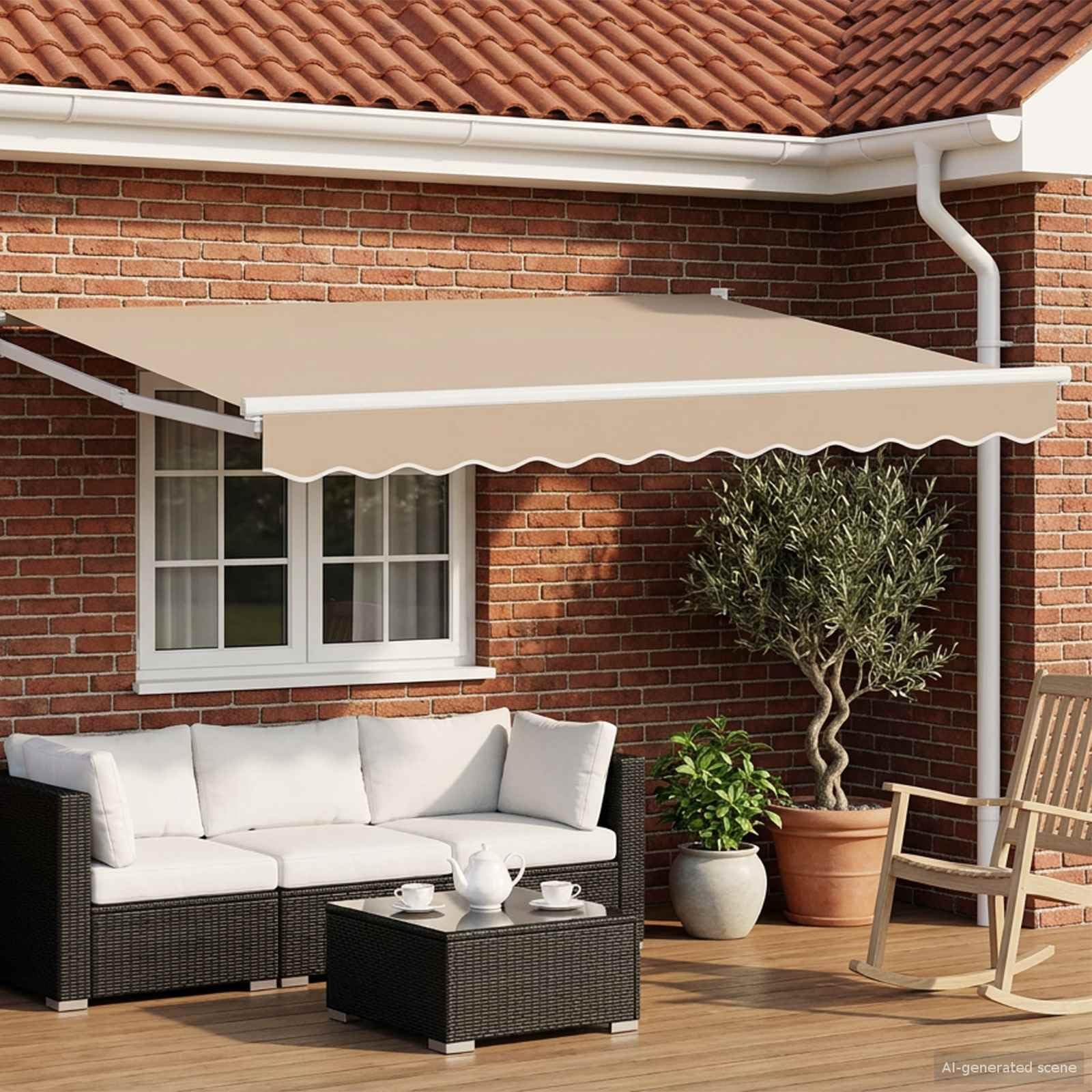 Tenda da sole elettrica estensibile beige, 3,5 x 2 m, con telaio in acciaio verniciato a polvere, protezione solare in poliestere, doppio funzionamento, montaggio a parete per terrazza