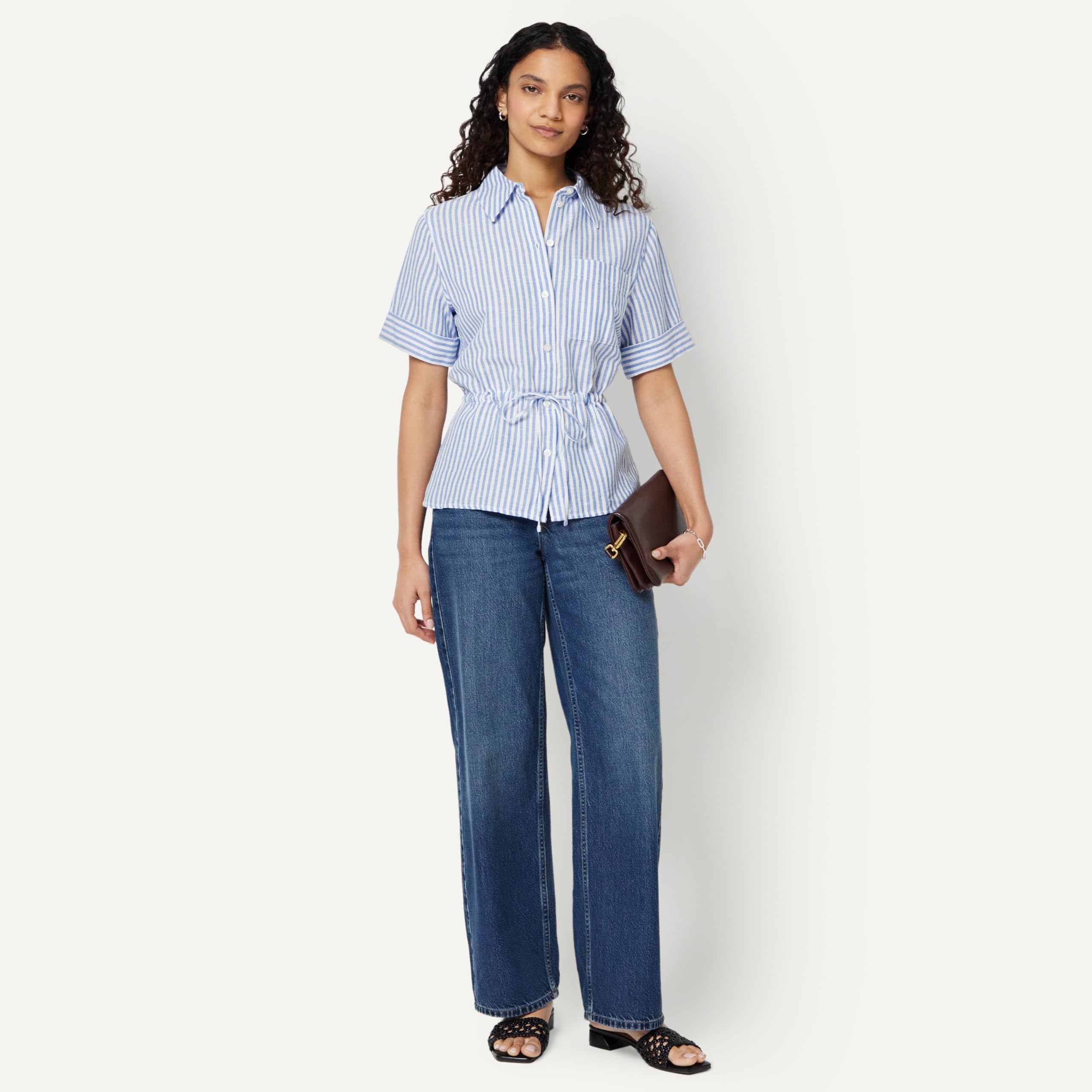 Amazon Essentials Camicia a Maniche Larghe e Regolabile in Vita, in Misto Lino, Vestibilità Comoda Donna
