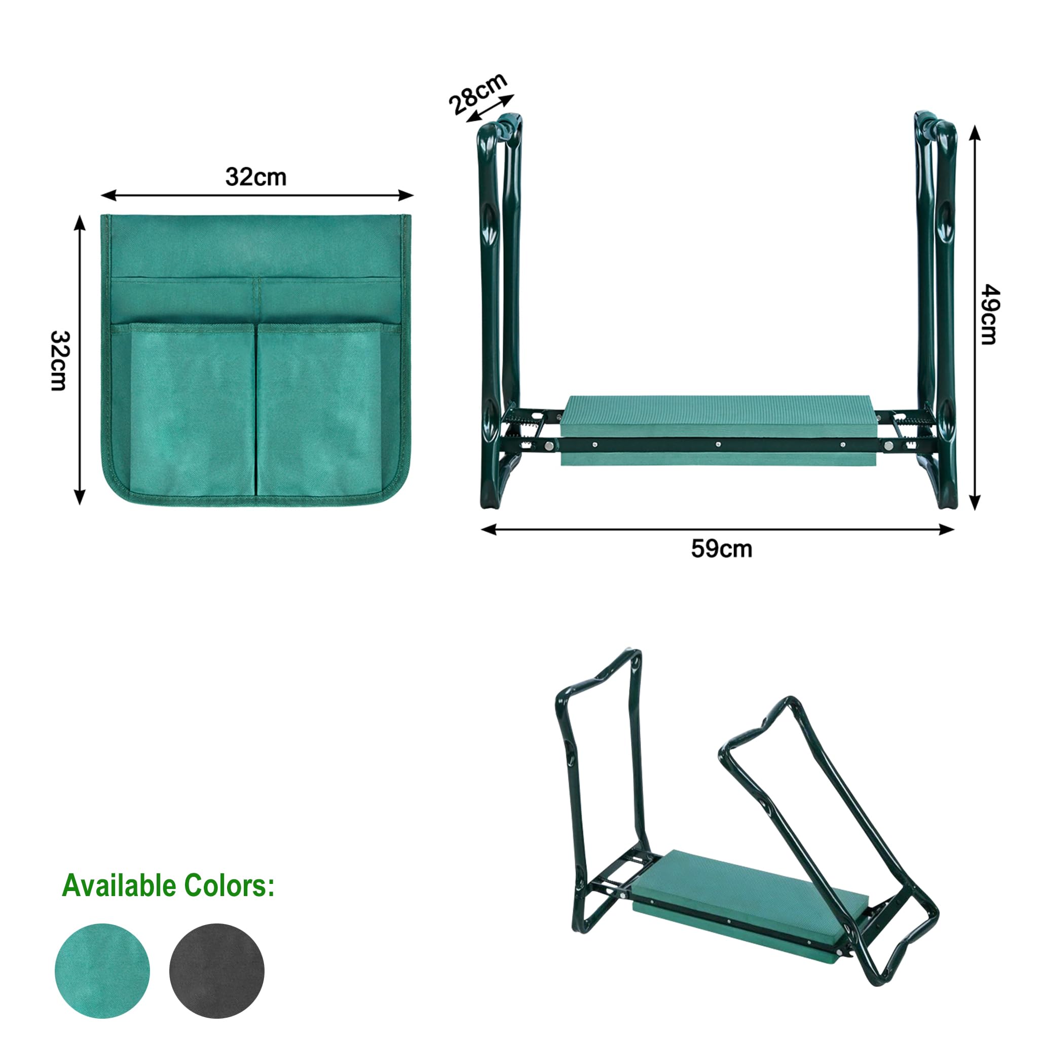 Repose-genoux 2 en 1 - Pour le jardinage - Pliable - Jusqu'à 150 kg - Avec protection des genoux - Coussin en mousse et sac à outils - Portable - Pour le jardinage - Vert