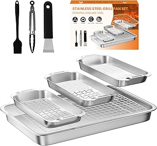 BBQ Grill Basket Set Outdoor: 8-piece Stainless Steel Grilling Topper Pans Food Serving Tray with Cooling Rack, Roast Chic...