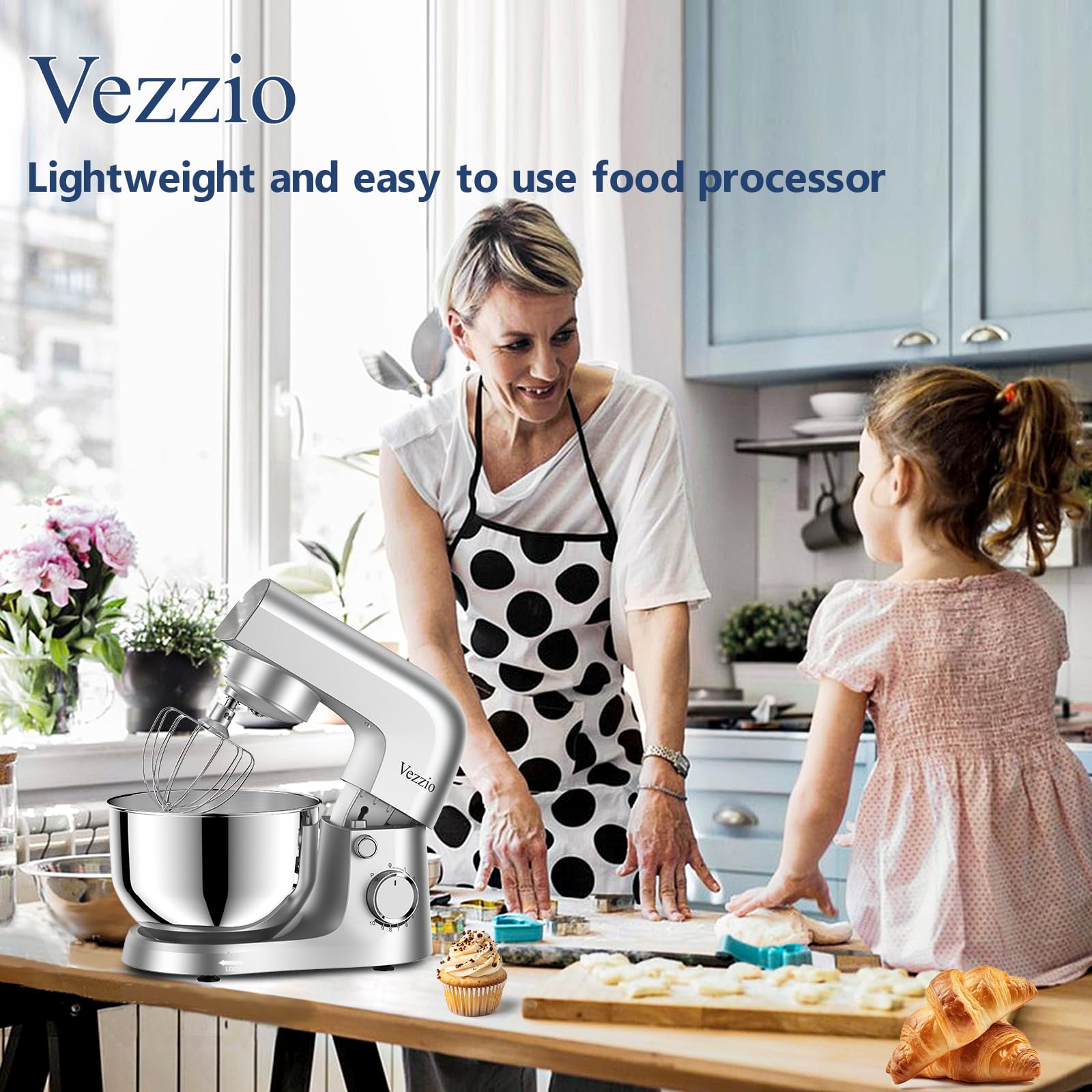 Vezzio Impastatrice Planetaria, 4.5L Robot da Cucina Multifunzione, 10 Velocità Leggero Impastatrice Pizza con Uncino Impastatore, Mescolatore, Frusta Sbattitric(Argento)