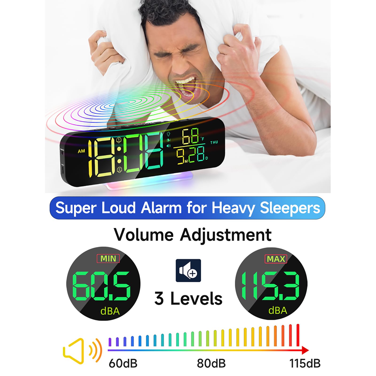 Reloj despertador vibratorio para sordos, alarma digital súper fuerte con agitador de cama, sonido y brillo ajustables, ideal para personas mayores y personas con discapacidad auditiva
