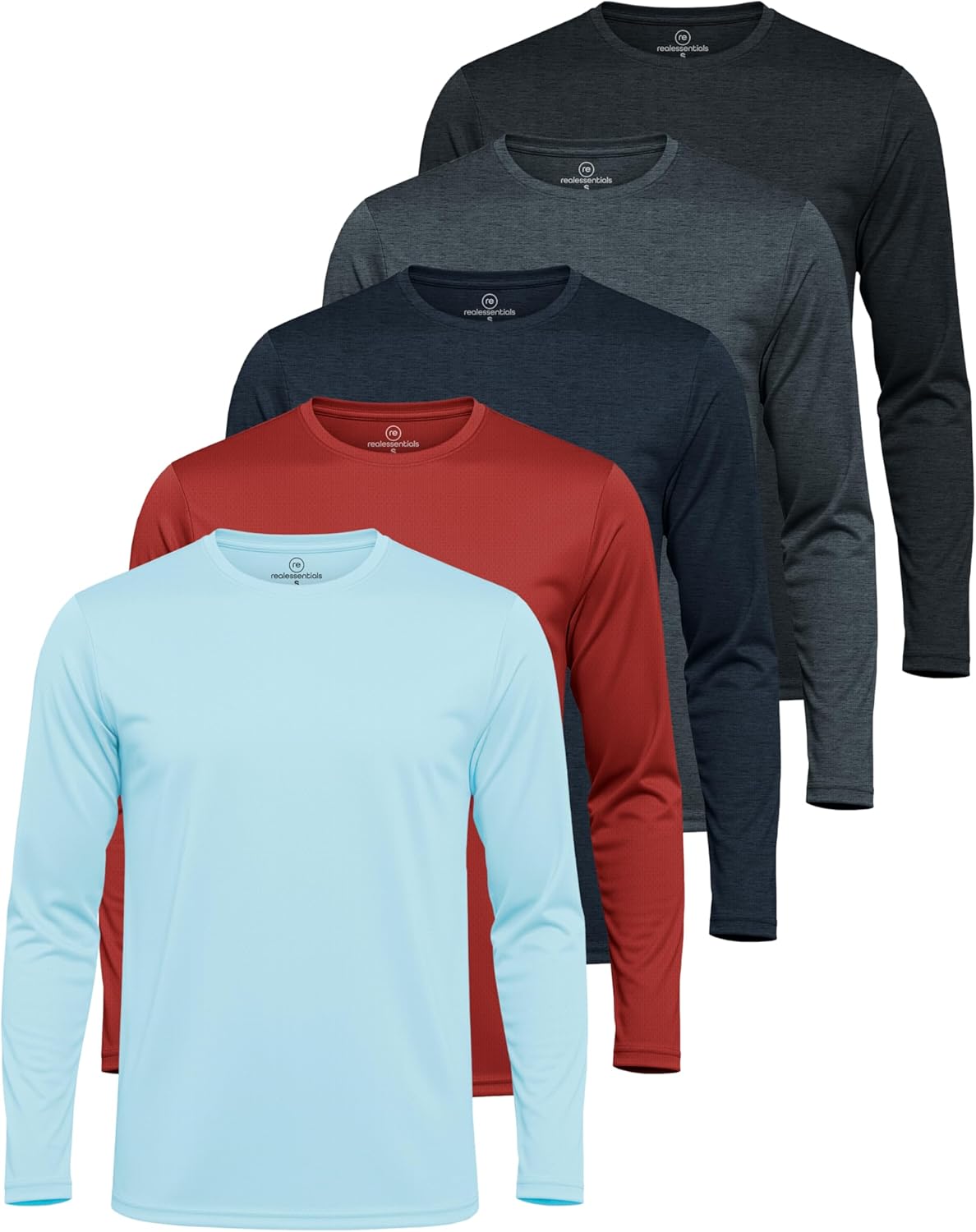 Real Essentials 3 & 5 Pack: Men's Mesh Quick Dry Athletic Long Sleeve T-Shirt UPF SPF UV Sun (Available in Big & Tall)