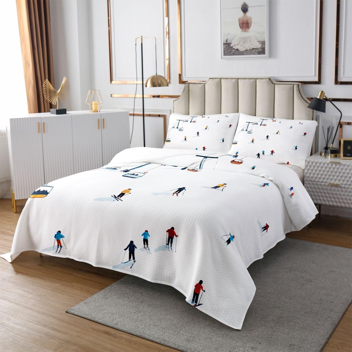Manfei Ski Sports Bedspread,Winter Extreme Games Quilt Set for Kids Teens,Skiing Sports Style Bedding Set,White Blue 2 Pcs Coverlet Set with 1 Pillow Sham,Twin Size