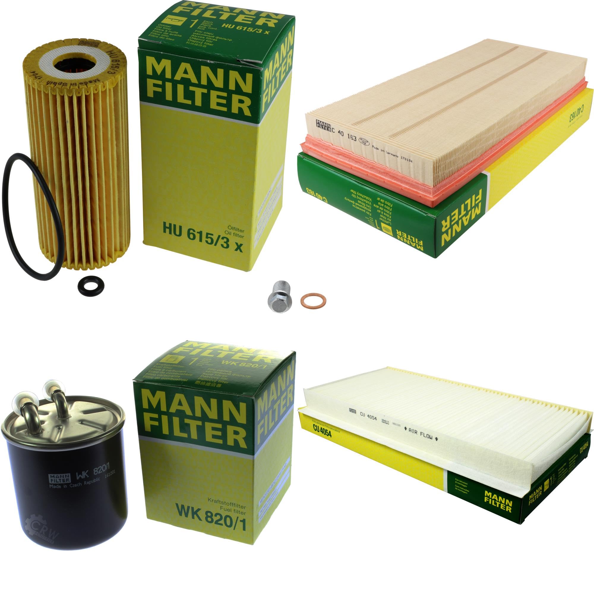Paquete de inspección Kit de mantenimiento de filtros con filtro de aceite HU 615/3 x, filtro de aire C 40 163, filtro de combustible WK 820/1, filtro de habitáculo CU 4054, tornillo de