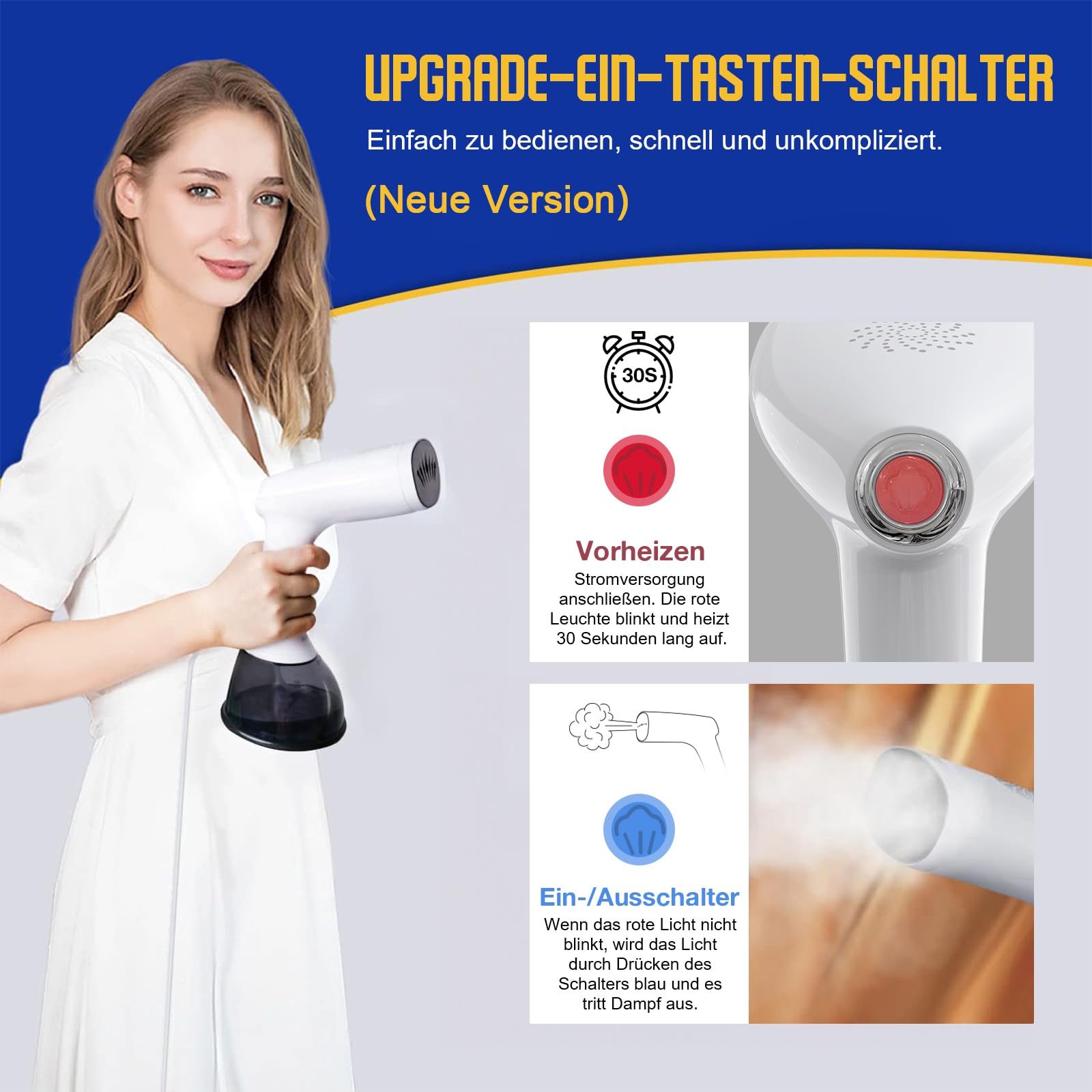 Rolipo Dampfglätter 1640W, 400ML Steamer Wassertank Dampfbürste Faltenentferner, für Zuhause, Büro, Reisen, Weiß