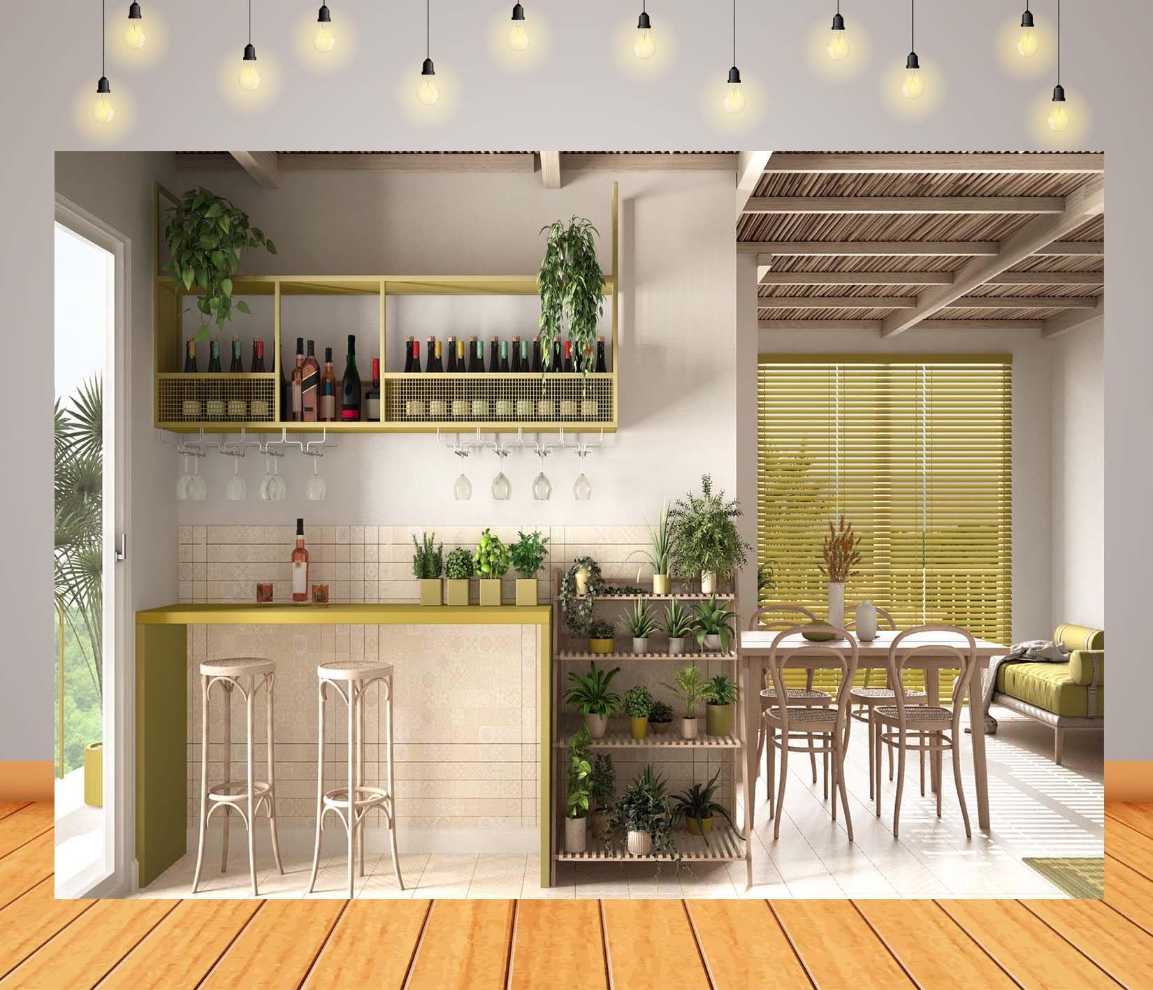 17x10FT (5.2x3m) Bar Domestico Luminoso Con Piante Verdi Sfondo Fotografico | Angolo Cocktail Interno Arioso Fondale In Tessuto,Bancone In Legno Bicchieri,Per Feste In Casa E Foto Lifestyle,Photo Booth