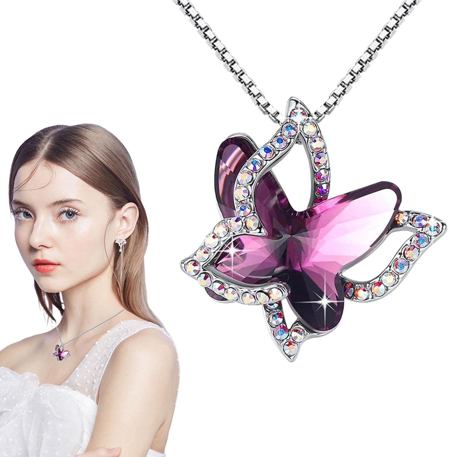 Gemmance Collana Farfalla Con Pietra Portafortuna E Cristalli - Placcata Rodio, Ciondolo 2,5 Cm, Catena 45,7+5,1 Cm, Regalo Donna