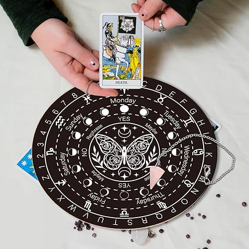 Vista 29 de INFUNLY Tablero de péndulo de madera Yin Yang con doce constelaciones, bruja, radiestesia, adivinación, tablero de planchette de 7.9 pulgadas