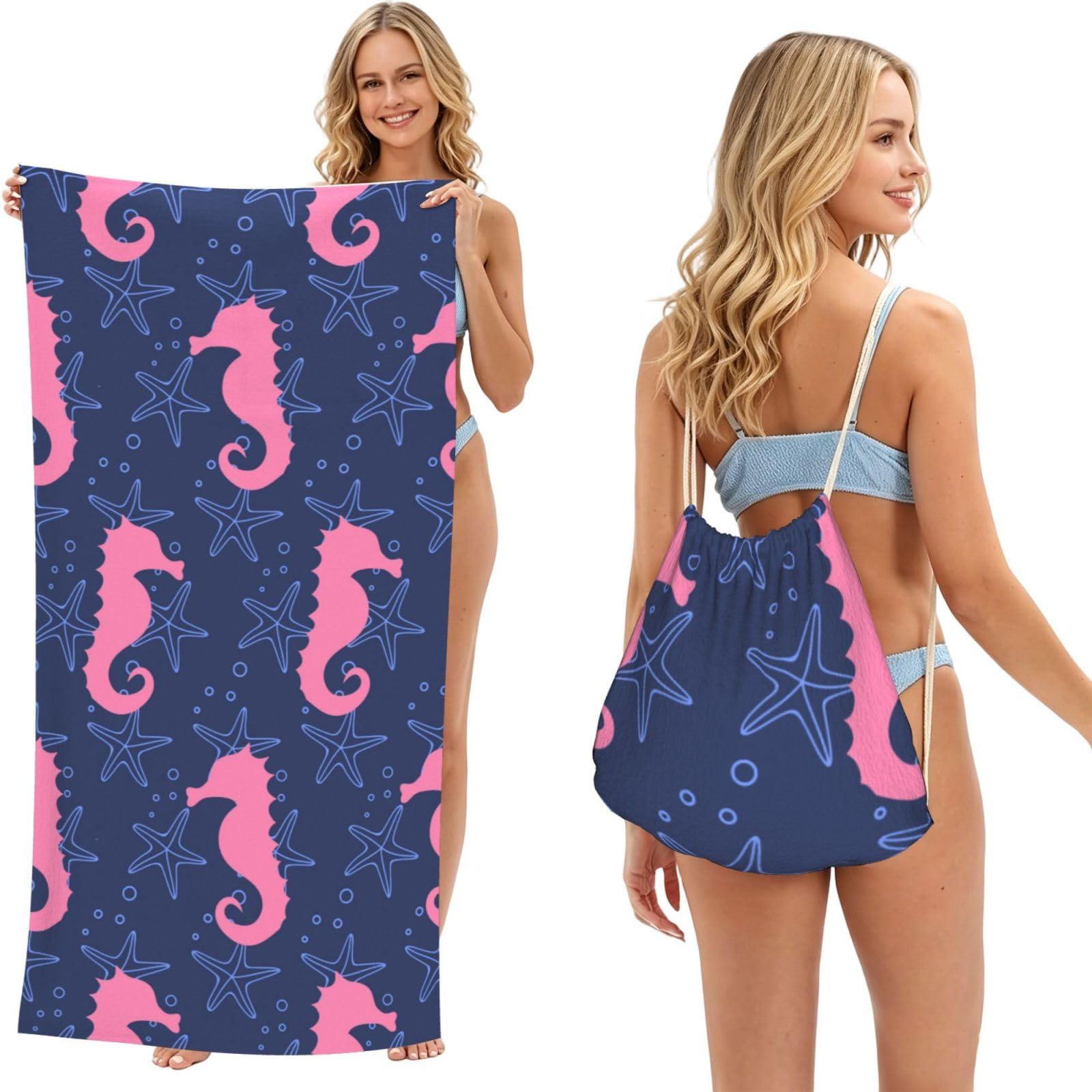 Poadnly As Picture Seahorse Silhouette Starfish, 2 In 1 Packable Towel Bag, Beach Towels With Drawstring Backpack For Travel Holiday Camping