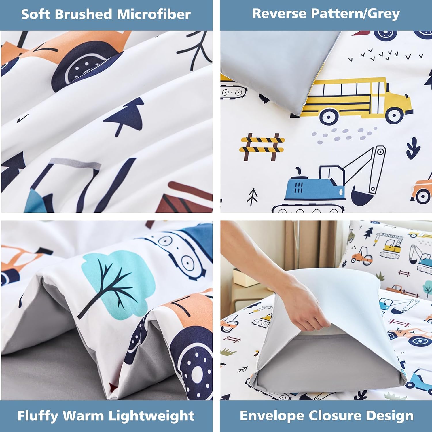 WINLIFE Construction Twin Comforter Set for Boys 3-Piece Teen Kids Bedding Reversible Lightweight Microfiber Forest Vehicles Car Bed Set