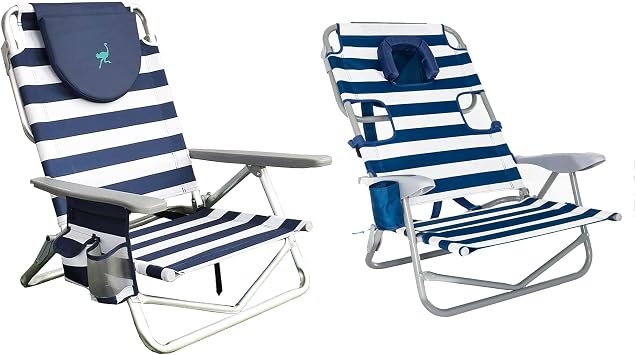 Ostrich On-Your-Back Sand Chair with Zippered Side Pocket and On-Your-Back Outdoor 5-Position Reclining Beach Chair with Backpack Strap, Striped Blue