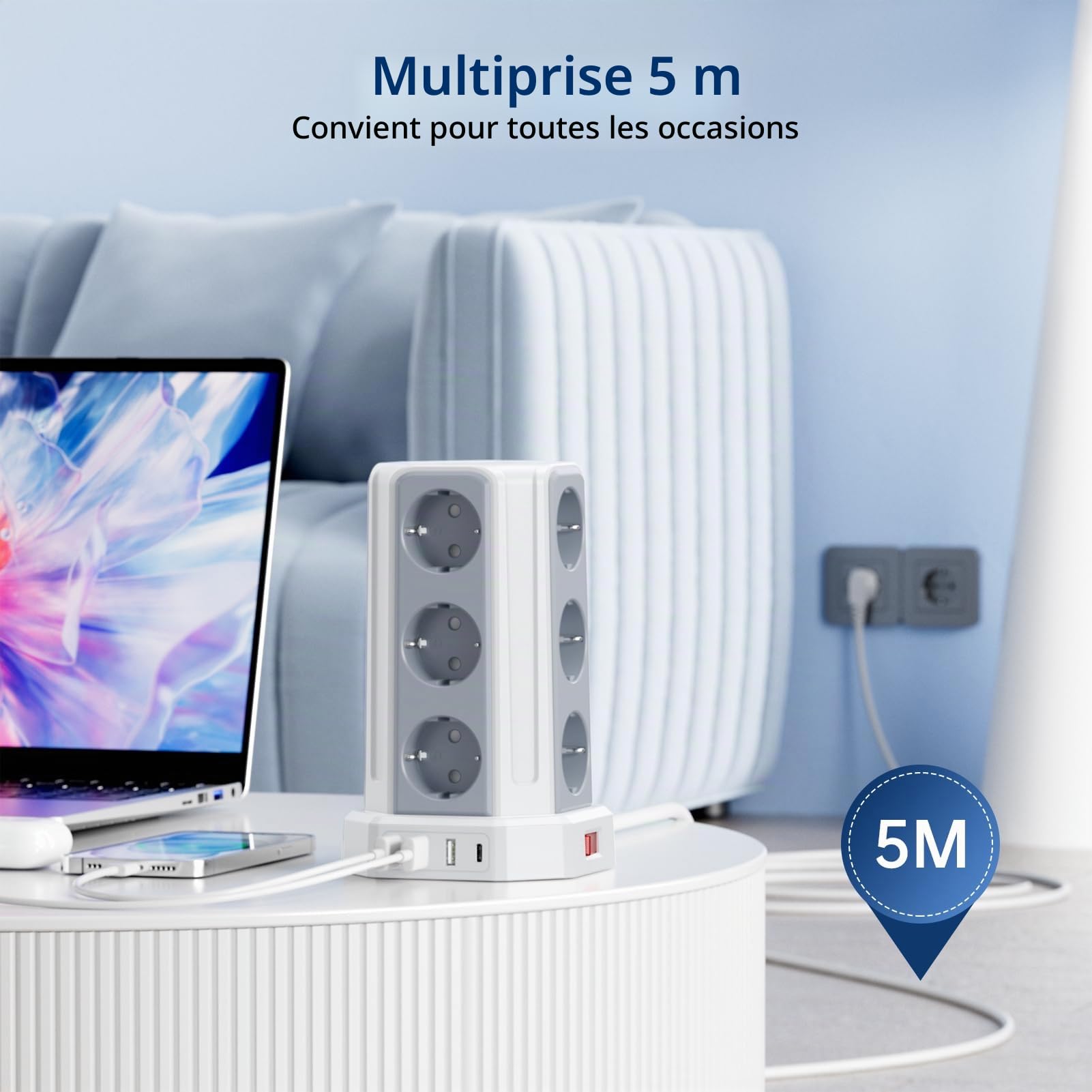 Multiprise avec Interrupteur, Tour Multiprise 12 Prises et 4 USB | 5M Rallonge Electrique 4000W Tour Multiprise pour Maison Bureau Parafoudre et Surtension