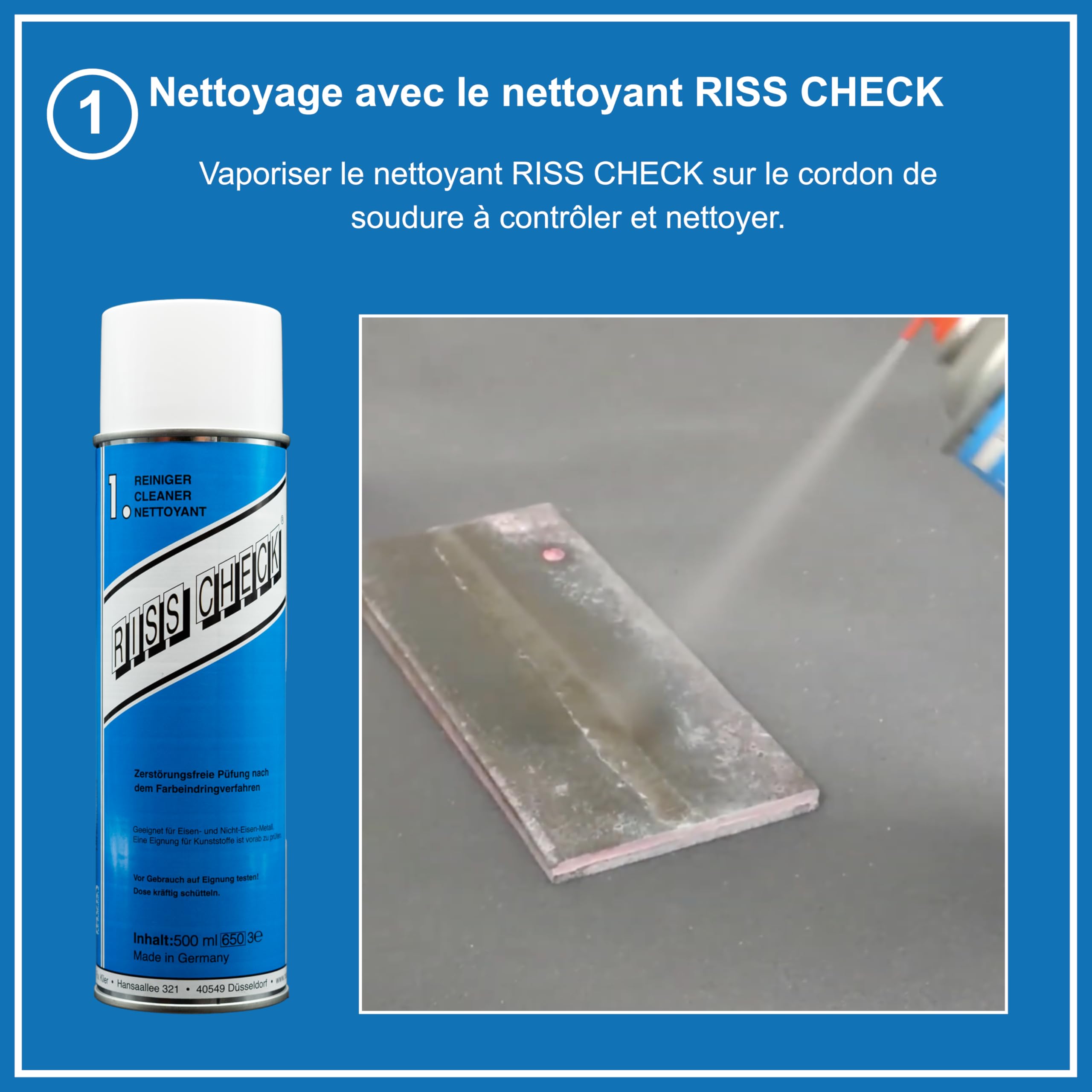 Kit contrôle par ressuage 3×500 ml – Spray nettoyant fissures, spray détecteur rouge, spray contraste blanc – Essai non destructif conforme DIN EN ISO 3452-2