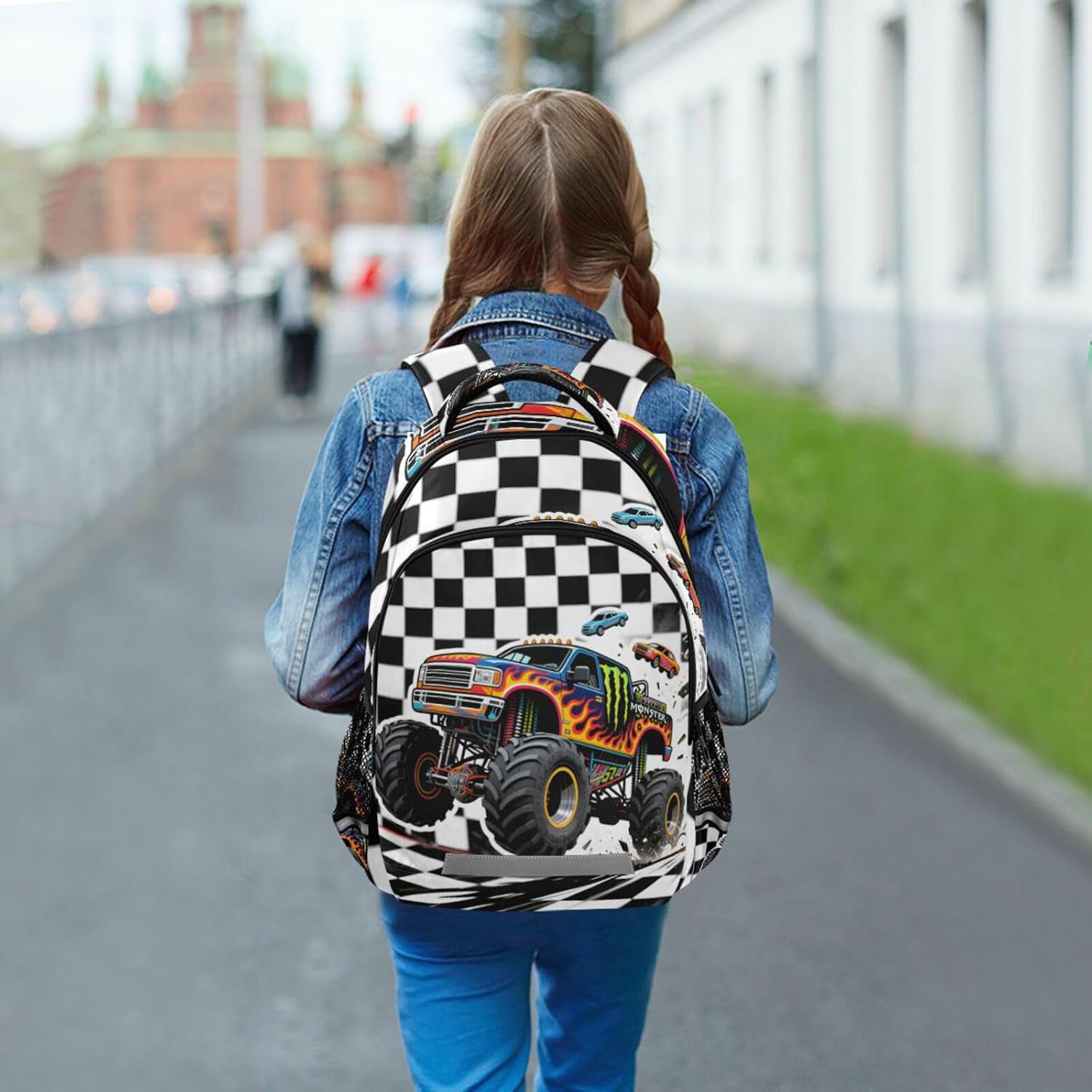 ALAZA Monster Truck Car Buffalo Plaid Check Backpacks Travel Laptop Daypack School Book Bag for Men Women Teens Kids