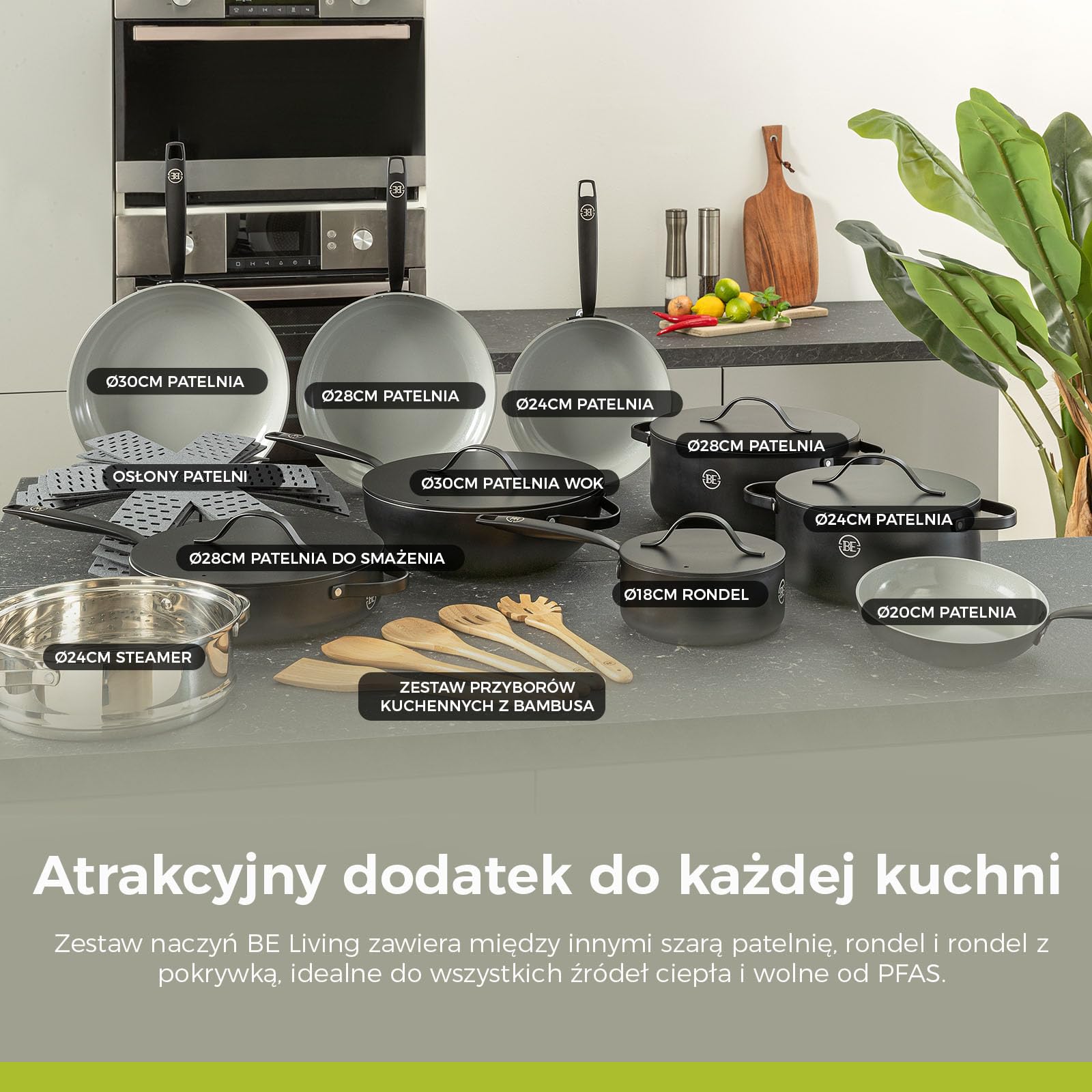 BE Living patelnia do gotowania z pokrywką - Ø 30 cm - bez PFAS ceramiczna patelnia indukcyjna - odpowiednia do wszystkich rodzajów kuchenek - czarna
