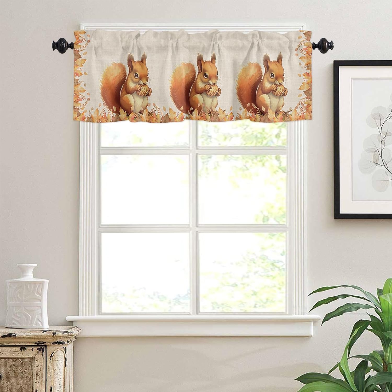 Thanksgiving Kitchen Curtains and Valances Set 24 Inches Long, Maple Leaves Squirrel Fll Thanksgiving Tier Curtains 3 Pieces Rod Pocket Seasonal Autumn Vintage Small Curtains Semi-Sheer Cafe Curtain