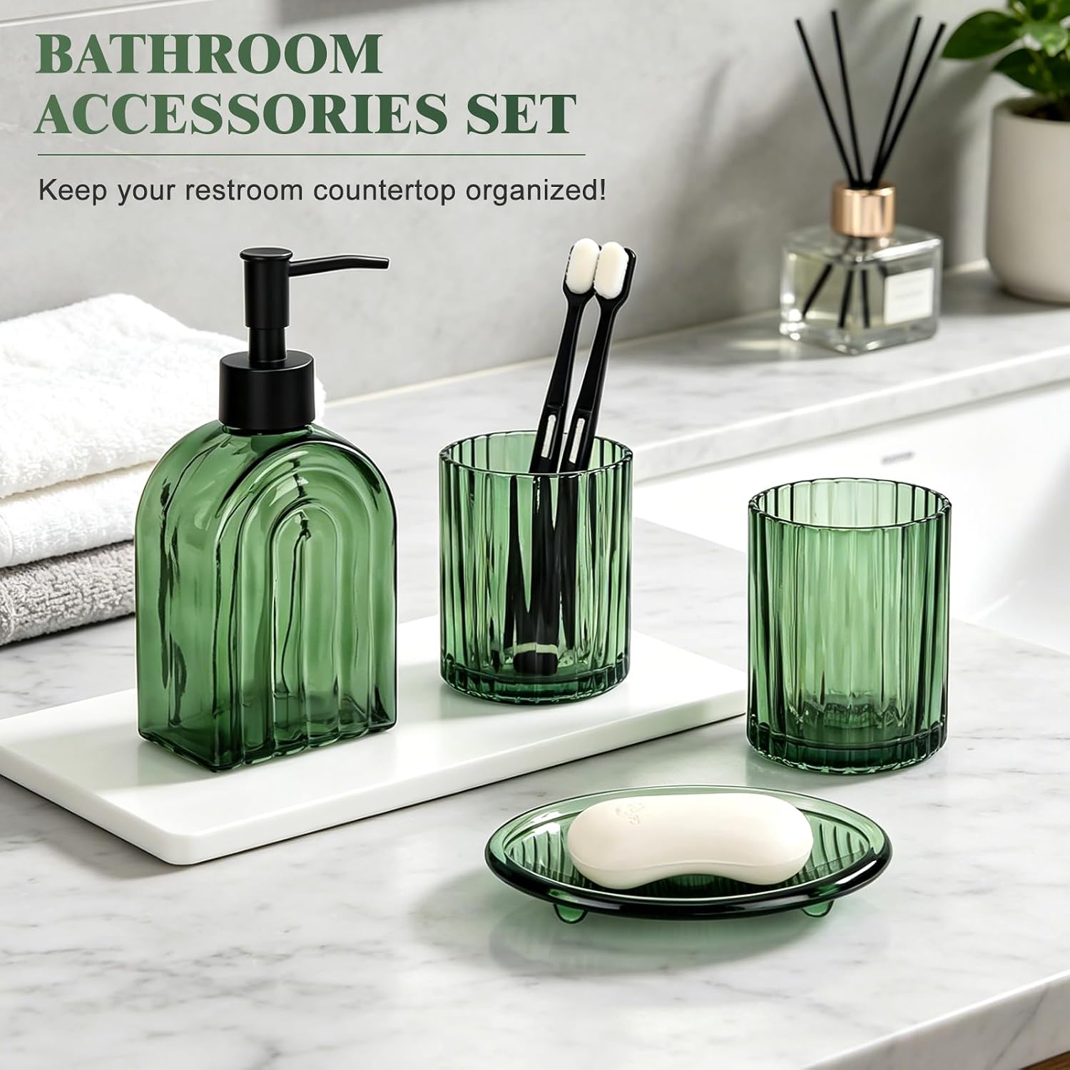 Bathroom Accessories Set, 4Pcs Glass Bathroom Accessories Sets Complete 13.5oz Lotion Soap Dispenser, Toothbrush Holder, Mouthwash Cup, Soap Dish for Bathroom Decor, Countertop Organizer (Sage Green)