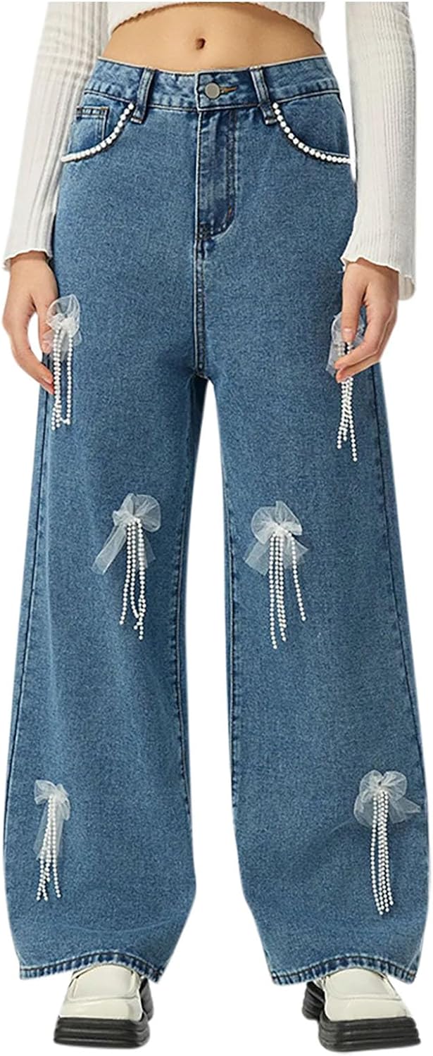 Jeans for Women Trendy High Waisted Wide Leg Jeans Casual Straight Leg Boyfriend Denim Pants with Cute Bowknot