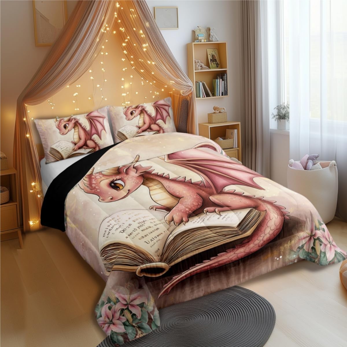Castle Fairy Cute Dragon Bedding Comforter Sets Twin,Vintage 3D Dino Reading Book Bedding Set for Bedroom Decoration,Rustic Flowers Botanical with 1 Comforter and 1 Pillow Case Bedroom Decor