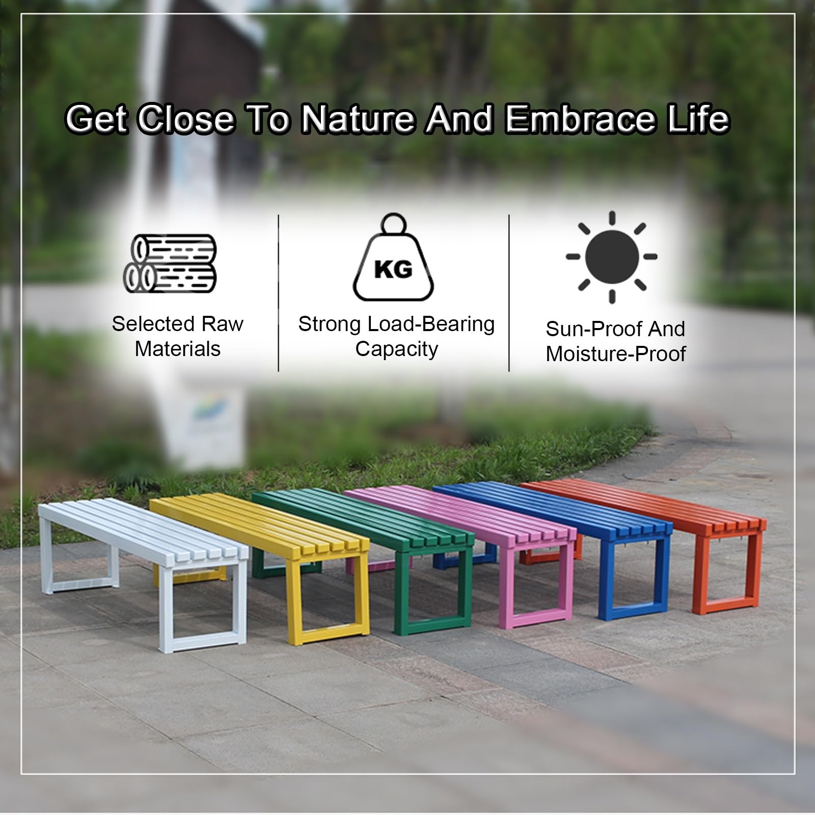 Banco de acero resistente a la intemperie para exteriores, capacidad de 660 libras, asiento de patio azul Slish para jardín, porche, entrada, 59 pulgadas de largo de piel de metal