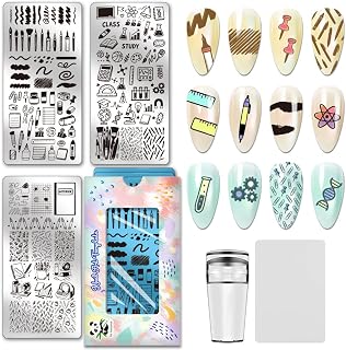 PH PandaHall 3pcs Stationery Nail Stamping Plates Pen Ruler Nails Art Stencils Notebook Scissors Manicures Art Templates Book Study Nails Image Plates for Women DIY Manicure Salon Printing Design