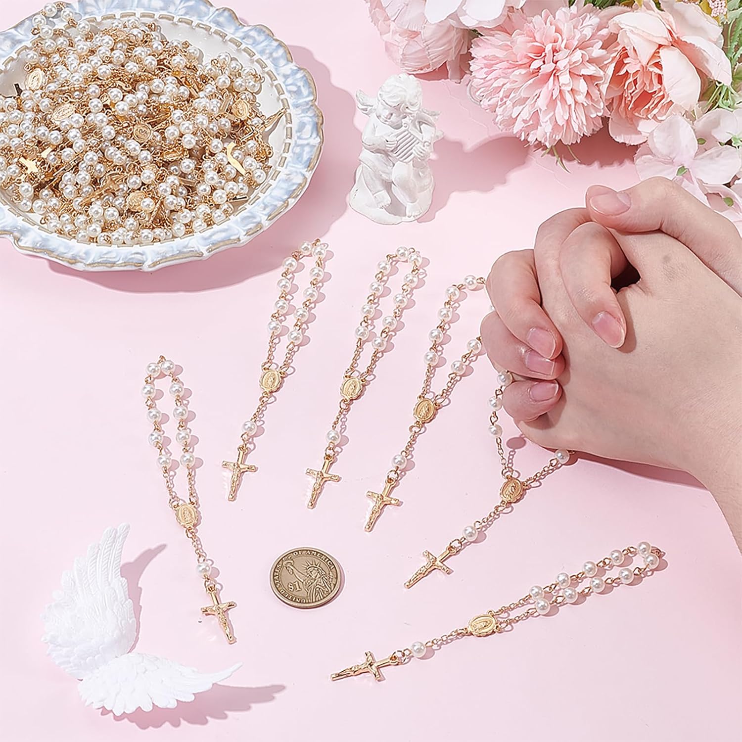 50Pcs Mini Rosary Baptism Favors, Ivory Color Faux Baptism Party Favors Car Rosary Recuerdo De Boda Y Bautizo for Christening Communion Easter Weddings Party Favor Bulk