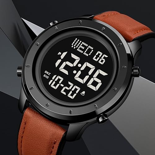 Miniatura 5 de PASOY Reloj de cuero digital con esfera grande para hombre, simple pantalla grande, alarma de cuenta regresiva, cronómetro, retroiluminación LED,