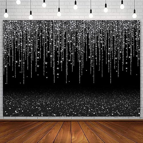 Sendy Fondo Bokeh con purpurina negra y plateada de 7 x 5 pies, decoración de fiesta de cumpleaños para adultos y niños, fondo de fotografía