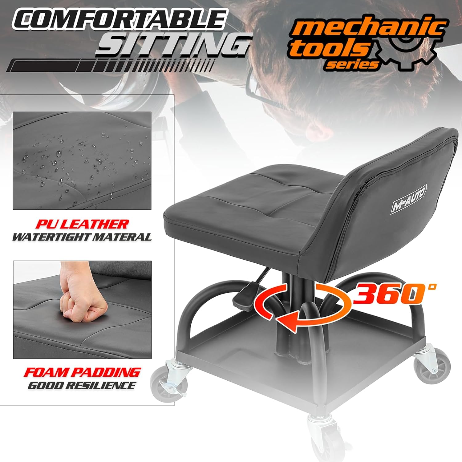 M-AUTO Padded Seat Garage Stool on Wheels, 16”-21” Height Adjustable Swivel Mechanics Seat with Tool Tray Storage for Garage and Garden, 300lbs Capacity