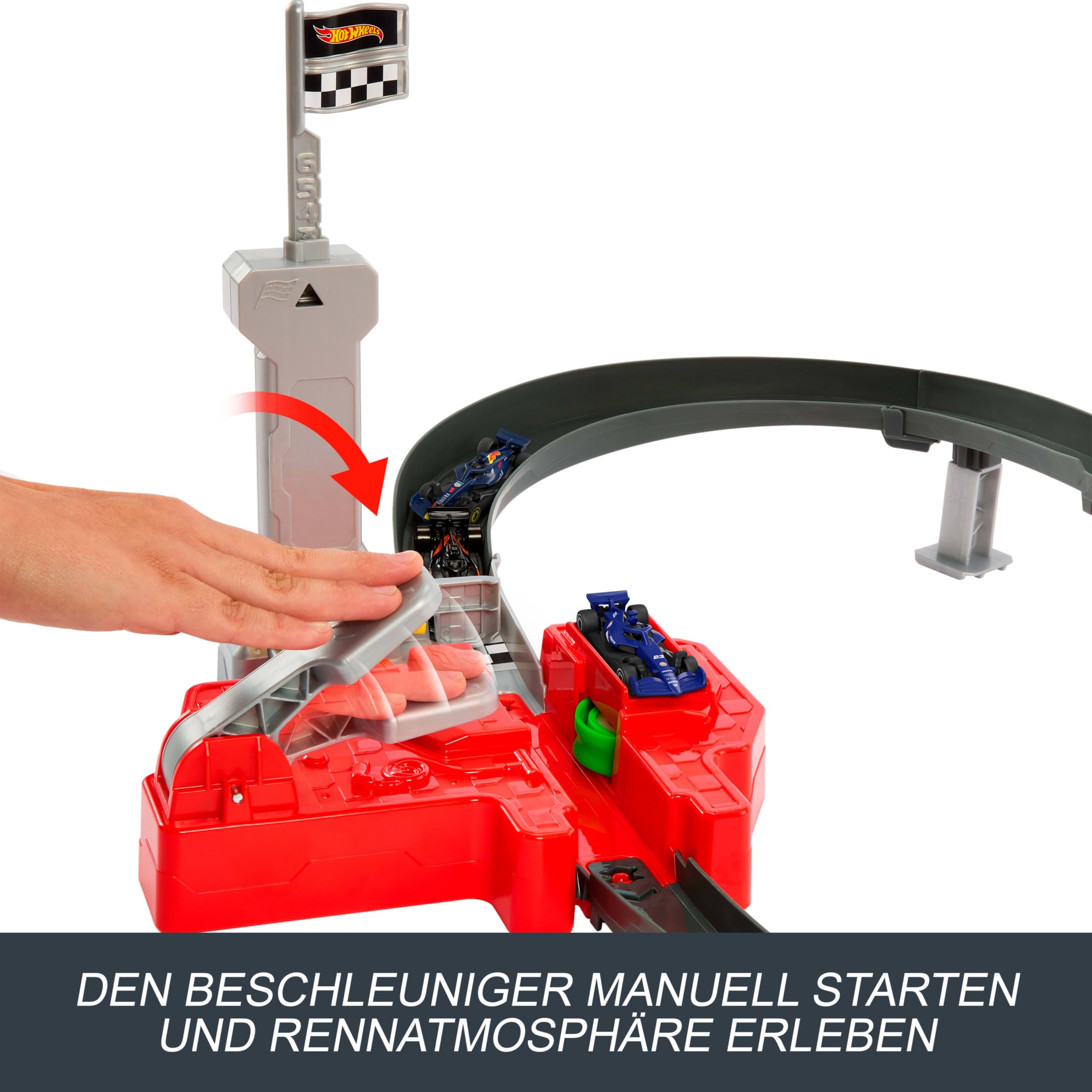 Hot Wheels Racing Formel 1 Rennstrecke mit 3 Spielzeugautos | Strecken-Set mit 3 Autos im Maßstab 1:64 (McLaren F1 Team, Oracle Red Bull Racing, Atlassian Williams Racing), JNN32