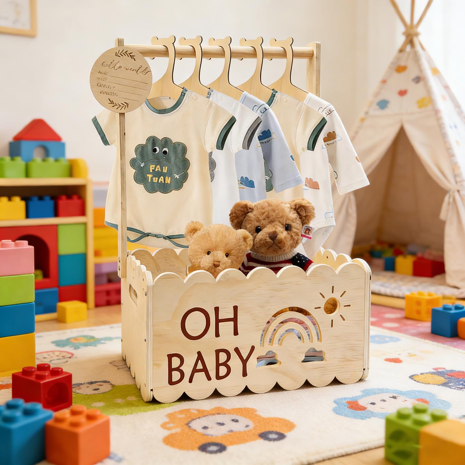 Cadeau de fête prénatale en bois avec poignée - Panier de rangement pour bébé - Panier cadeau en bois pour nouveau-né - Pour nouveau-né - Idéal pour les couches, les vêtements et les jouets (couleur