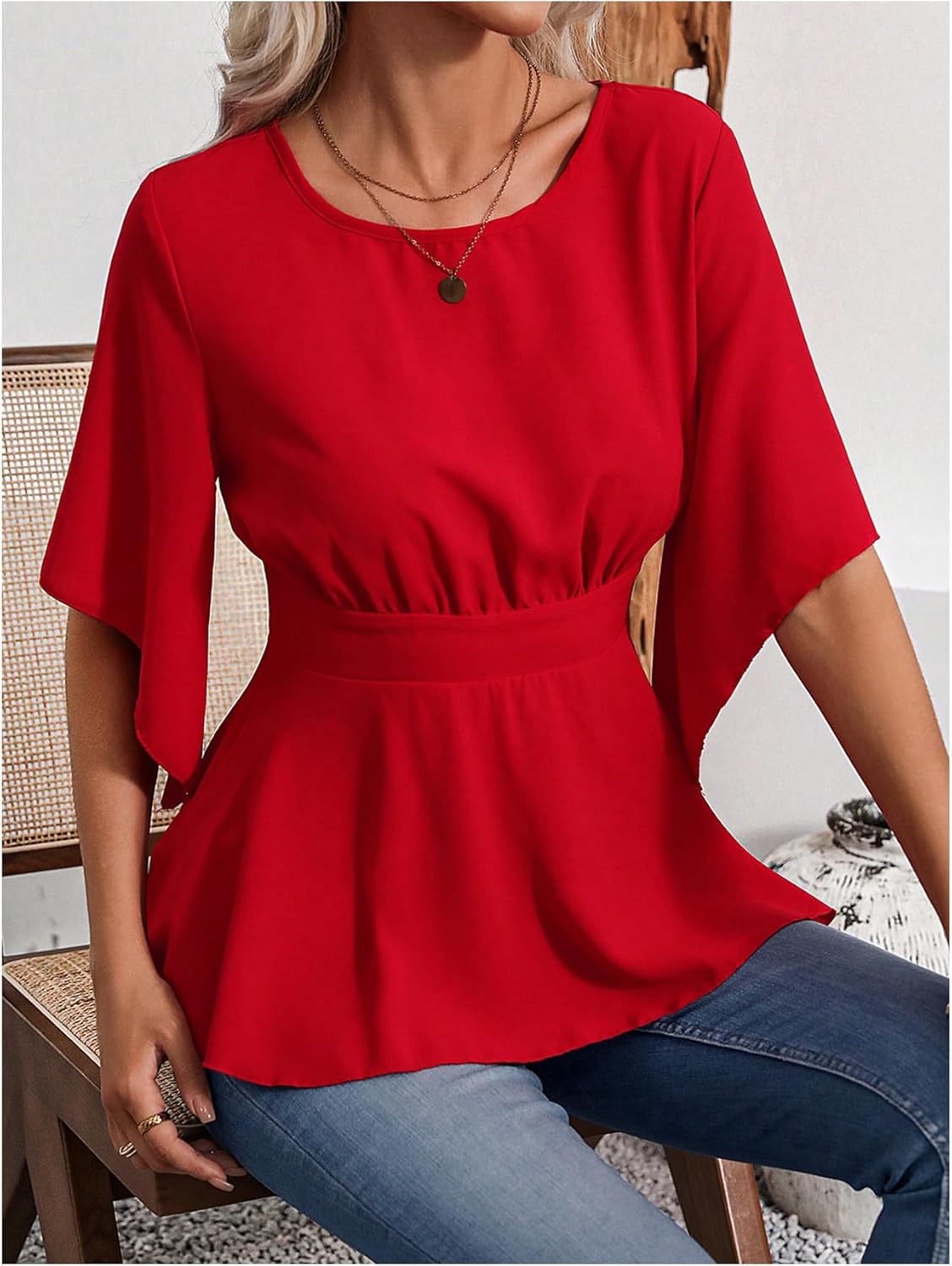SweatyRocks Women's Asymmetrical Ruffle Blouse Crewneck Half Sleeve Work Office Shirts Peplum Top - Image 6