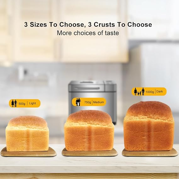 Kitchen Bread Maker Machine, 1KG Stainless Steel Bread Machine with Nonstick Ceramic Pan, 17 Customized Automatic Programs and 15h Timer, One Button Control, for Knead Ferment and Bake