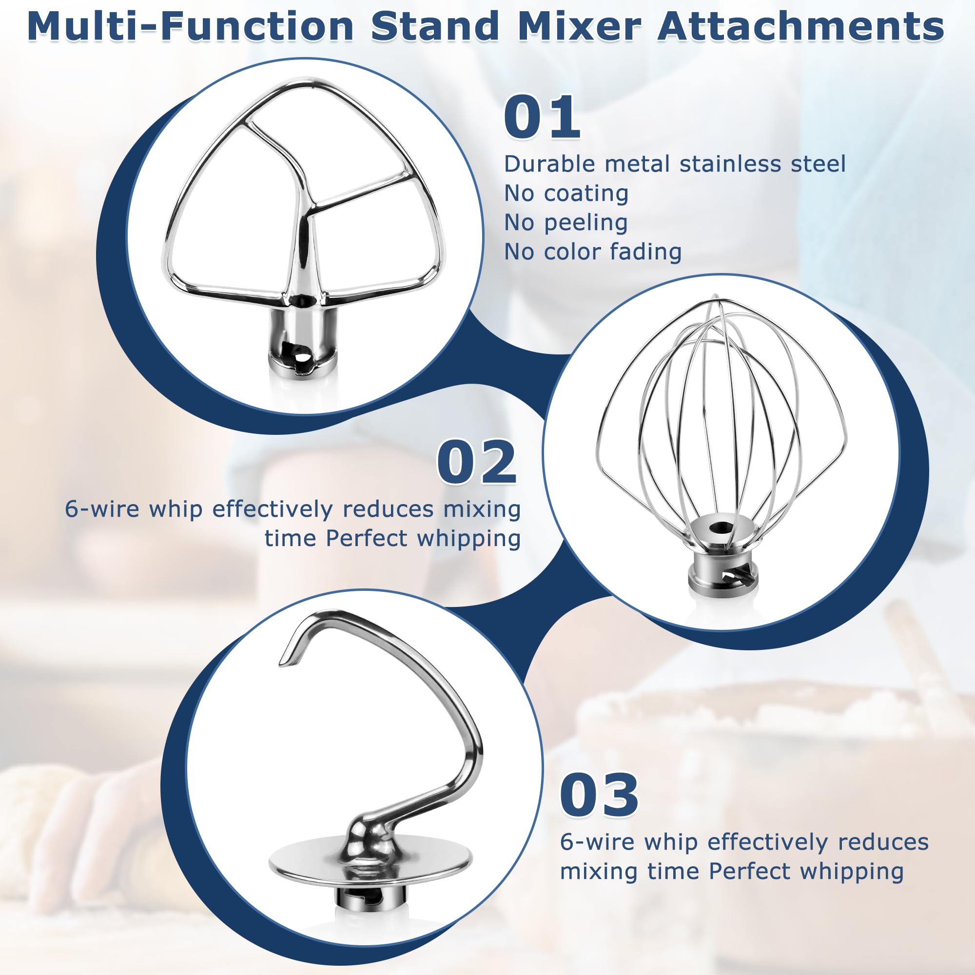TOMOON Kitchen Aid - Accesorios para mezcladores compatibles con batidoras de 4.5 cuartos de galón, K45DH, gancho de masa K45B, batidor plano recubierto K45WW, látigo de alambre de acero inoxidable