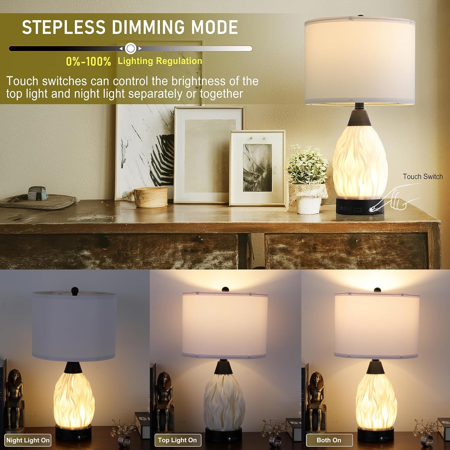 Serteaw 22''Touch Control Table Lamps Set of 2,Stepless Dimmable Bedside Lamps with USB Charging Ports, Black and Cream Living Room End Nightstand Table Lamps with Linen Lampshade, LED Bulbs Included