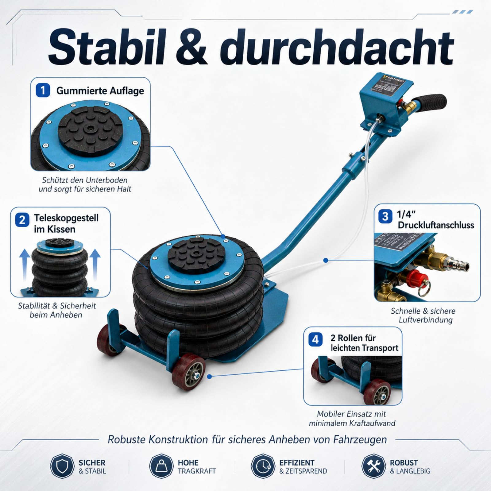 BITUXX® Pneumatischer Wagenheber Druckluftwagenheber Luftkissen Autoheber für KFZ Auto bis 3000Kg 3T