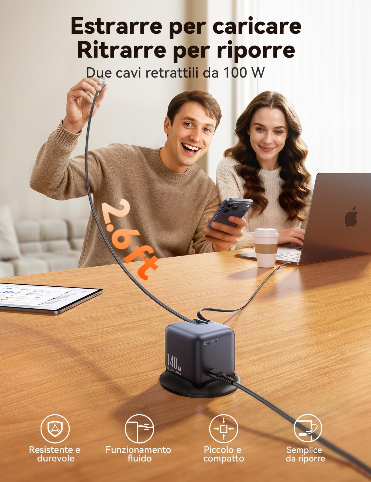 JOYROOM PODIX 5‑in‑1 Stazione di Ricarica 140W GaN, Doppio Cavo Retrattile 100W, Display 1,54" Inteligente, Design Rotante 180°, Compatibilità Universale MacBook, iPhone, Samsung, Ufficio e Casa