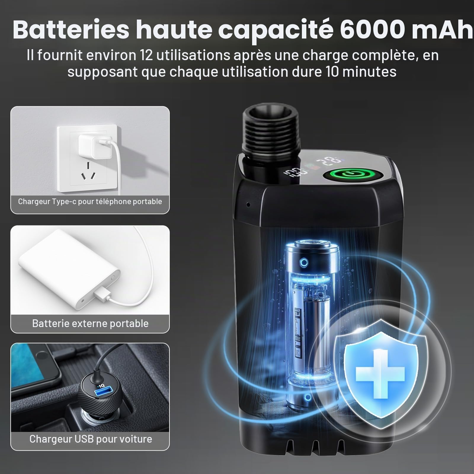Douche de Camping avec Chauffe-eau, Douche de Camping Rechargeable 6000mAh avec Chauffe-eau à Immersion 2000W, Écran LED, Douche Extérieure Chauffante pour Voyage, Randonnée, Voiture, Animaux