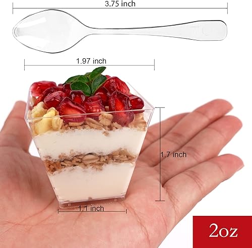 Miniatura 3 de Paquete de 100 mini tazas de postre de 2 onzas con cucharas, tazas cuadradas de plástico transparente para aperitivos, tazas de parfait