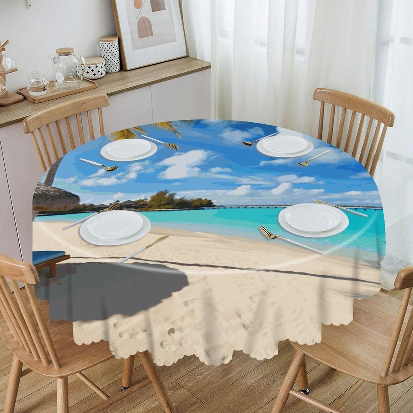 VstaDank Tropical Beach Round Tablecloth 60 Inch Easy to Clean Circle Table Cover Thick Decorative Round Polyester Table Cloth for Dining Kitchen Party Farmhouse Outdoor