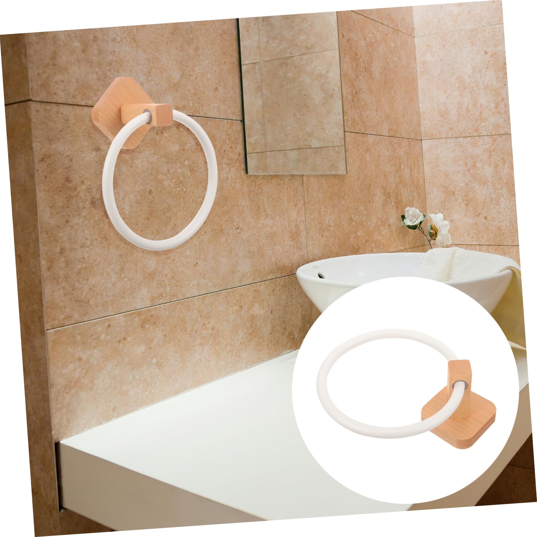 Porta Asciugamani in Legno Beige da Parete Anello Bagno | Struttura Semplice, Stile Classico, Pratico per Asciugamani e Panni, Finitura Chiara