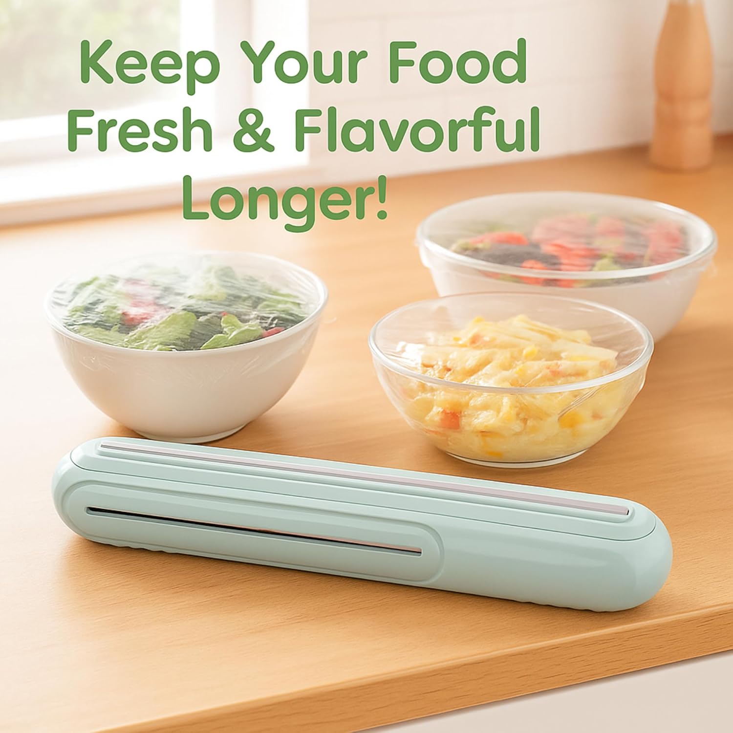 Primewave Food Plastic Wrap Dispenser with Sliding Cutter – Refillable ABS Wrap Cutter for Kitchen | Includes 1 Roll (80cm) Plastic Wrap | Safe & Easy One- Handed Use. (green)