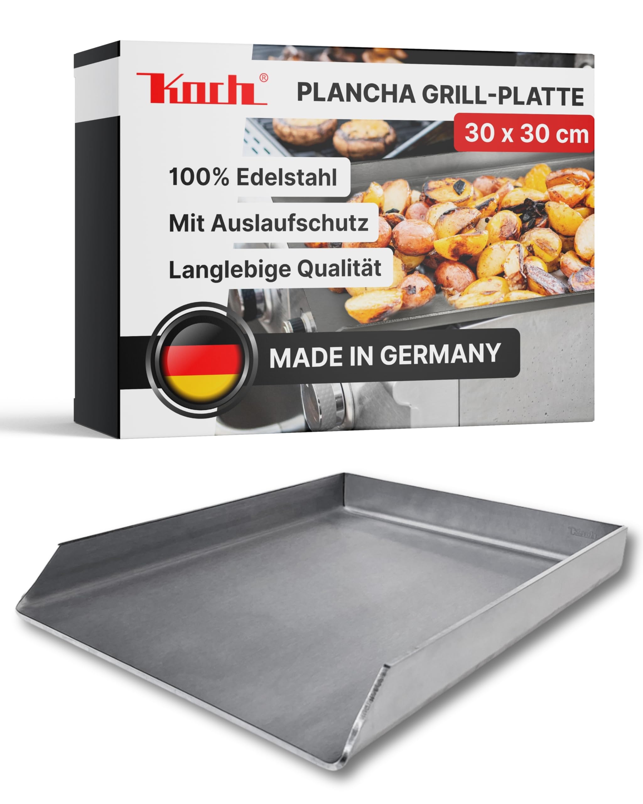 Koch Universal Grillplatte aus 100% Edelstahl - 30 x 30 x 3,5cm - Plancha für alle Grillarten - Gleichmäßige Hitzeverteilung & auslaufsichere Ecke - Rostfrei & bis zu 500°C hitzebeständig #54