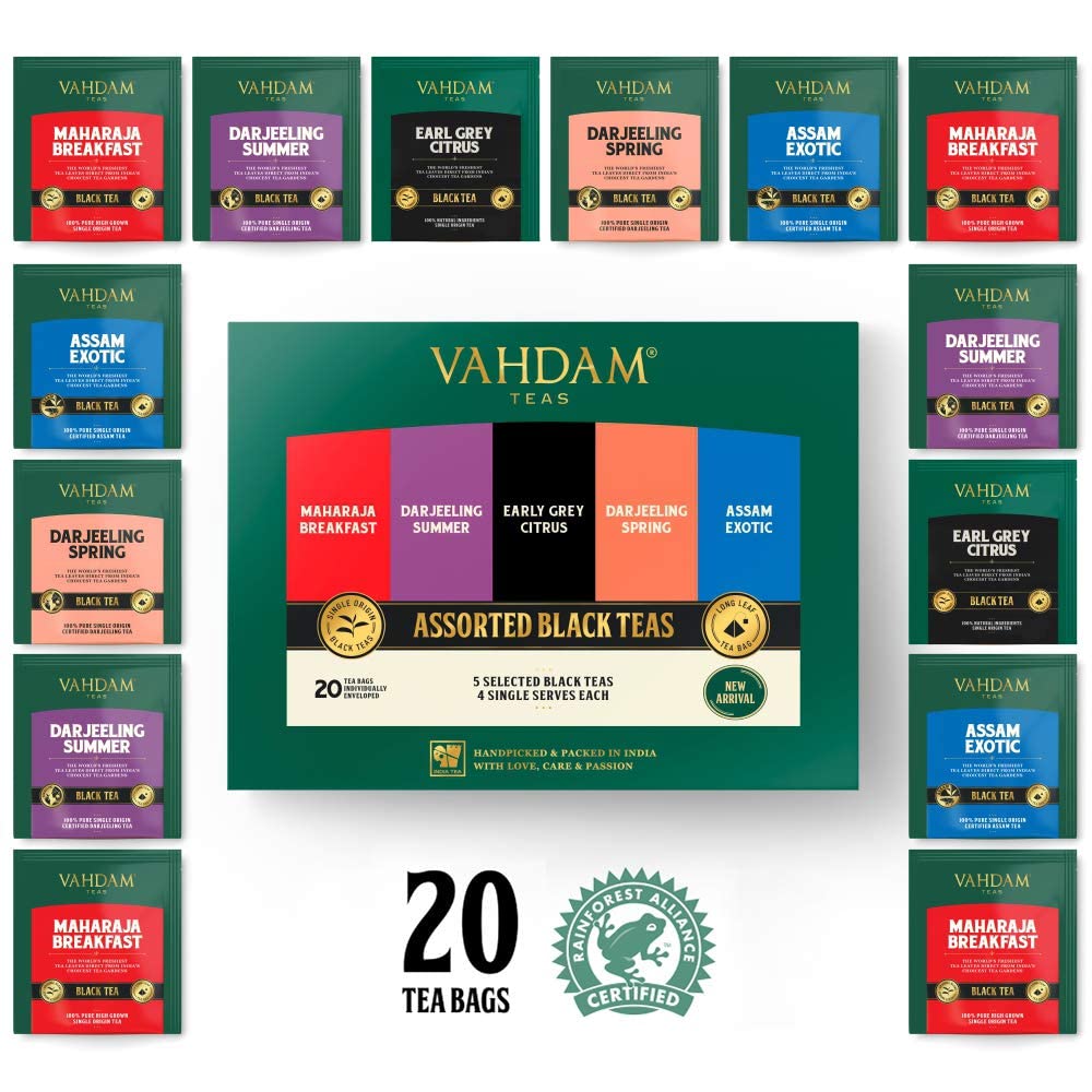 Vahdam, Black Tea Sampler, 5 Teas - Tea Variety Pack | Assorted Black Tea Bags | English Breakfast, Darjeeling, Assam, Earl Grey Tea Bags | 20 Count | Finest Tea Gift Set & Tea Gift For Tea Lovers (B01DNZYWVQ) Amazon Price History, Amazon Price Tracker