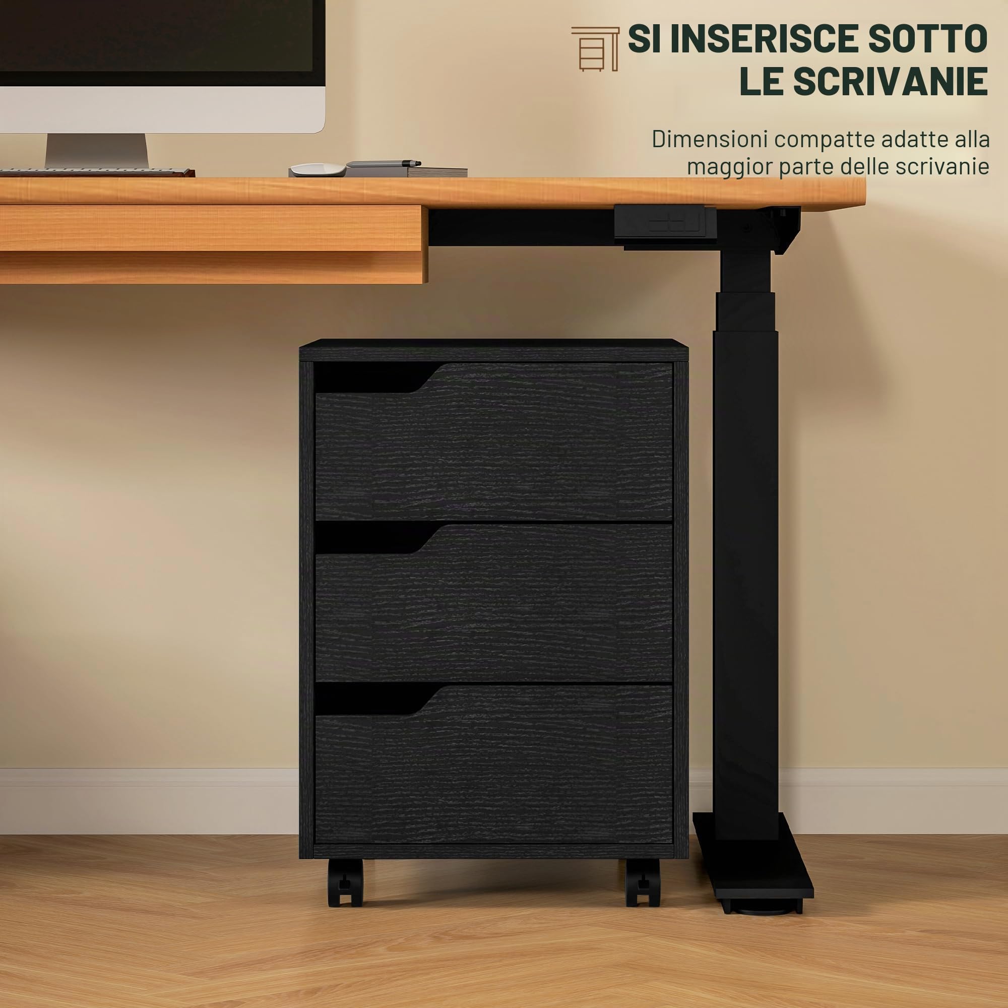 HOMCOM Cassettiera da scrivania mobile con 3 cassetti, mobile da scrivania su ruote, per documenti e stampante, scatola compatta per lavoro o camera da letto, 40 x 50 x 57,5 cm, nero